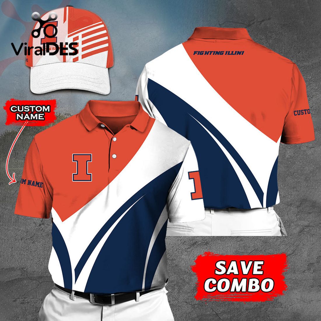Custom Name Illinois Fighting Illini Polo, Cap Limited Edition Custom Name Illinois Fighting Illini Polo, Cap Limited Edition