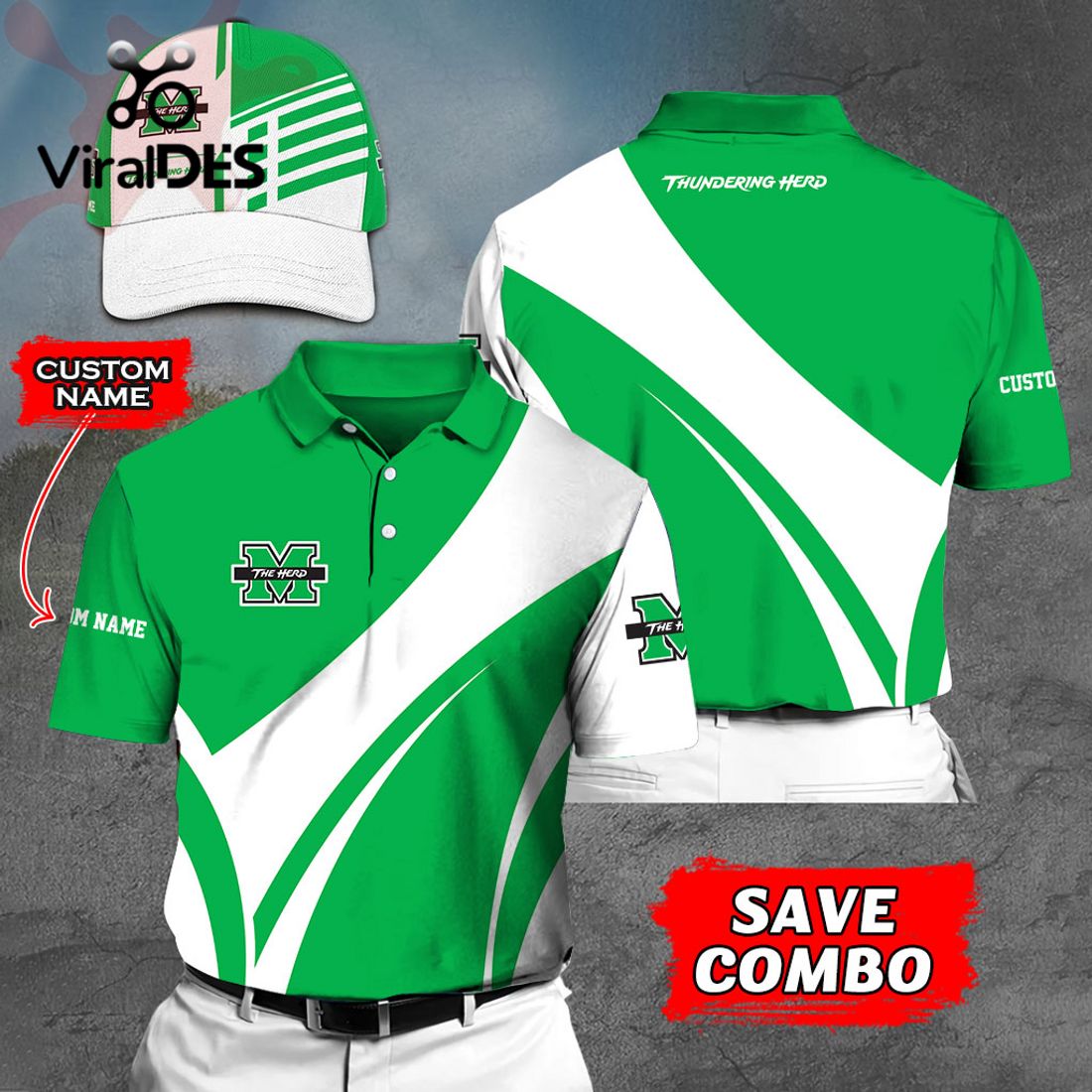 Custom Name Marshall Thundering Herd Polo, Cap Limited Edition Custom Name Marshall Thundering Herd Polo, Cap Limited Edition
