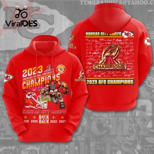 2023 AFC Champions Kansas City Chiefs Back 2 Back Signatures Red Hoodie 3D