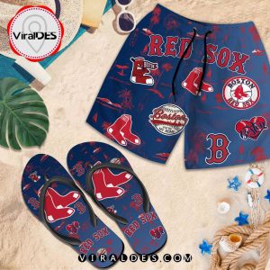 Boston Red Sox Pattern Beach Vibes Set Of Unisex Beach Shorts, Flip Flop