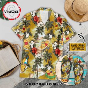 Custom Name Winnie the Pooh Beach Vibes Pattern Set Of Hawaiian Shirts, Flip Flop