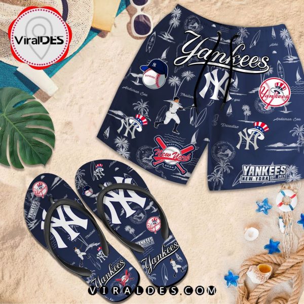 New York Yankees Pattern Beach Vibes Set Of Unisex Beach Shorts, Flip Flop