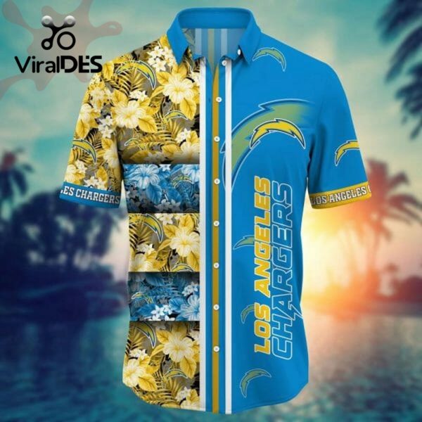 NFL Los Angeles Chargers Gold Flowers Blue Hawaiian Shirt