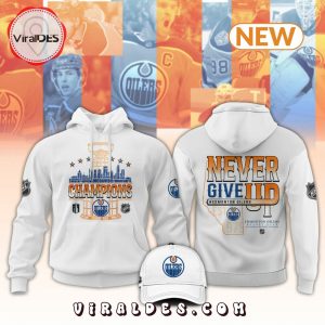 NHL Edmonton Oilers Never Give Up White Hoodie, Jogger, Cap