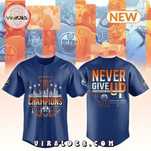 Introducing the Edmonton Oilers Champions Navy Never Give Up Baseball Jersey