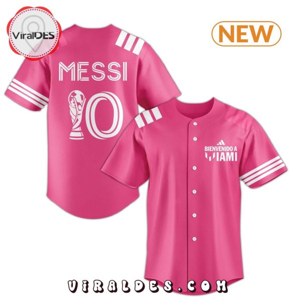 Men’s Bienvenidos A Miami Messi Pink Baseball Jersey