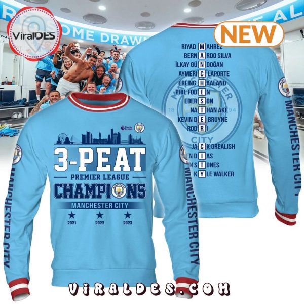 3 Peat Premier League Champions Manchester City Blue Hoodie