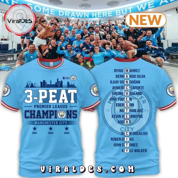 3 Peat Premier League Champions Manchester City Blue Hoodie