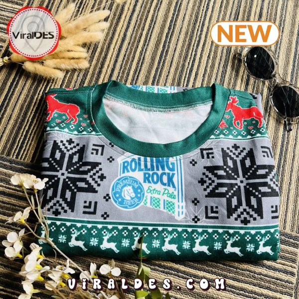 Rolling Rock Beer Xmas Bell Pine Tree Ugly Christmas Sweater