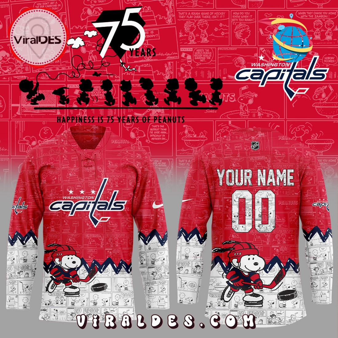75th Anniversary of Peanuts Washington Capitals Hockey Jersey 75th Anniversary of Peanuts Washington Capitals Hockey Jersey