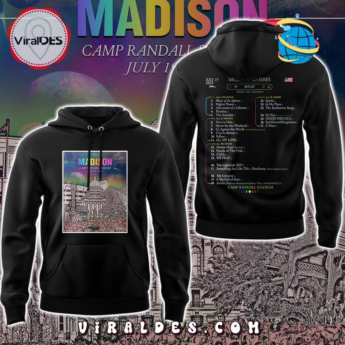 Coldplay Madison Camp Randall Stadium Black Hoodie Coldplay Madison Camp Randall Stadium Black Hoodie