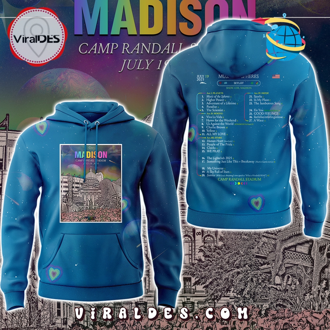 Coldplay Madison Camp Randall Stadium Blue Hoodie, Cap Coldplay Madison Camp Randall Stadium Blue Hoodie, Cap