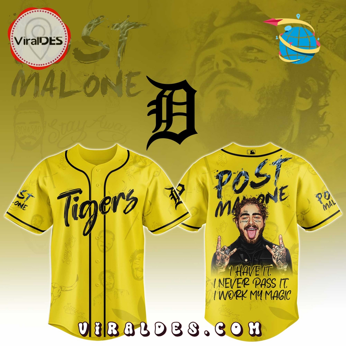 Detroit Tigers x Post Malone Tour 2025 Baseball Jersey Detroit Tigers x Post Malone Tour 2025 Baseball Jersey