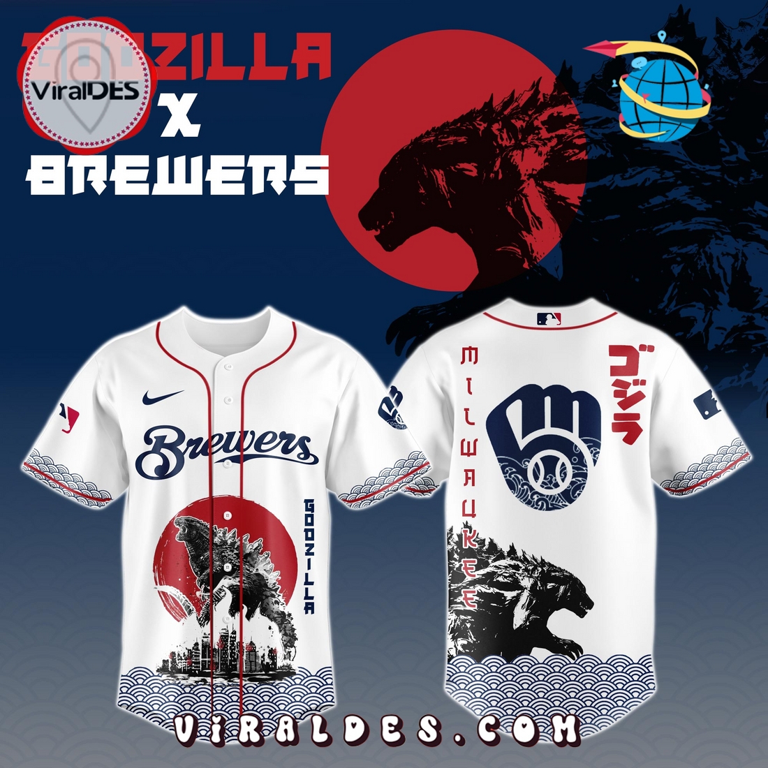 Milwaukee Brewers MLB x Godzilla Baseball Jersey Milwaukee Brewers MLB x Godzilla Baseball Jersey
