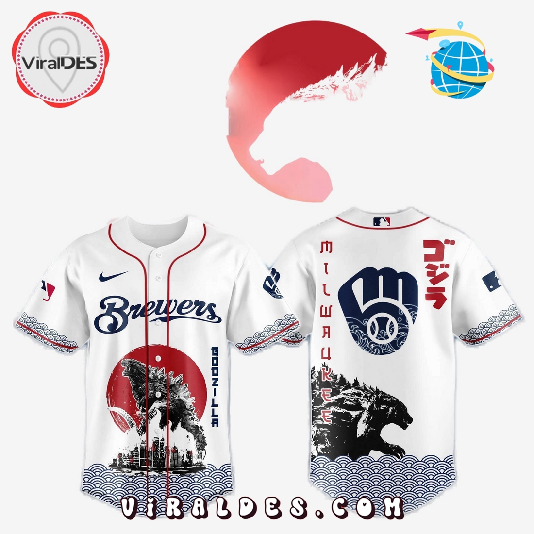 Milwaukee Brewers MLB x Godzilla Baseball Jersey Milwaukee Brewers MLB x Godzilla Baseball Jersey