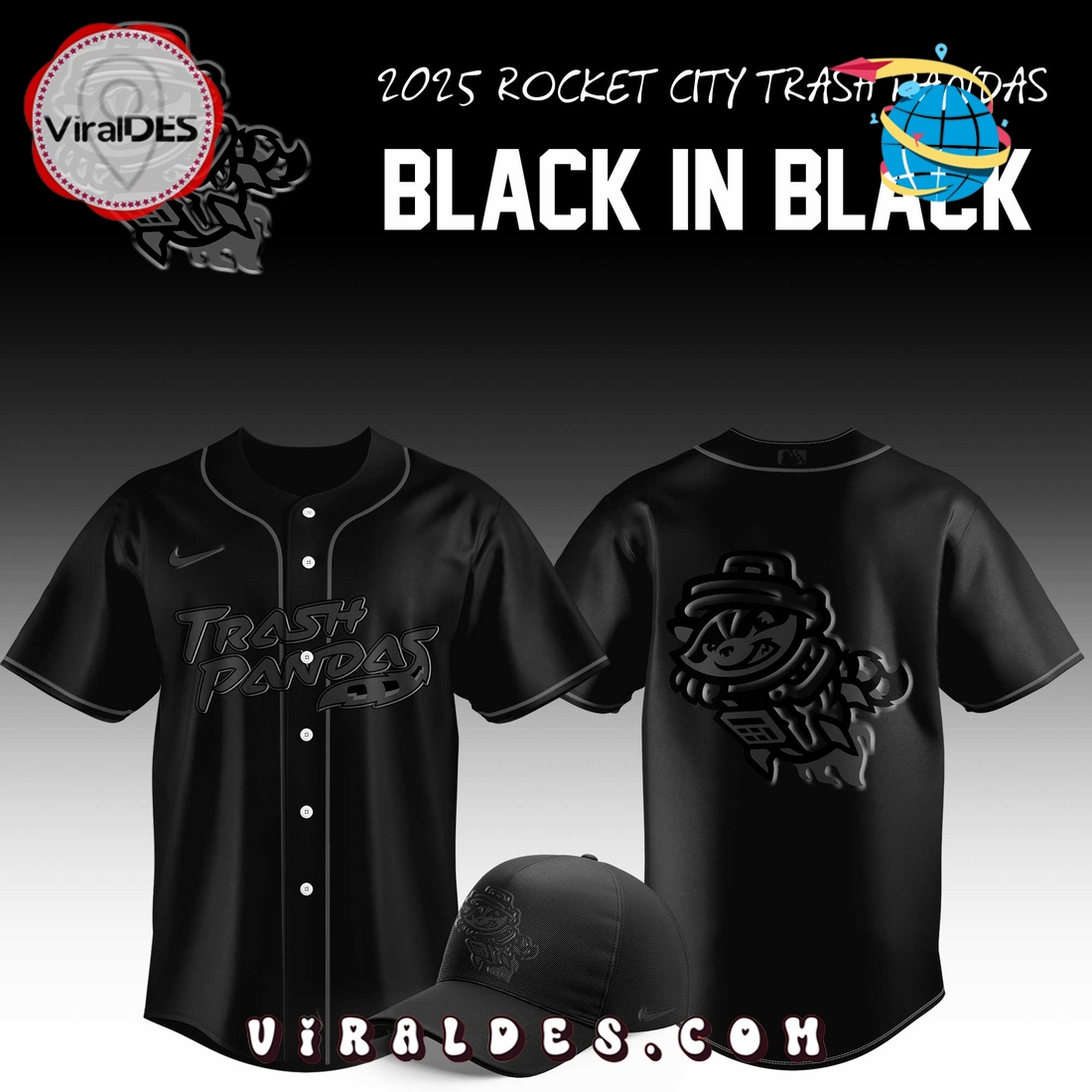 Rocket City Trash Pandas Black in Black Jersey 2025 Rocket City Trash Pandas Black in Black Jersey 2025