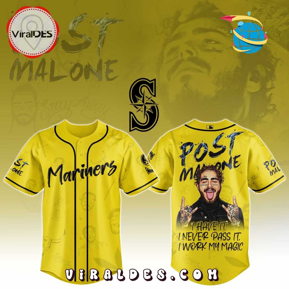 Seattle Mariners x Post Malone Tour 2025 Baseball Jersey Seattle Mariners x Post Malone Tour 2025 Baseball Jersey