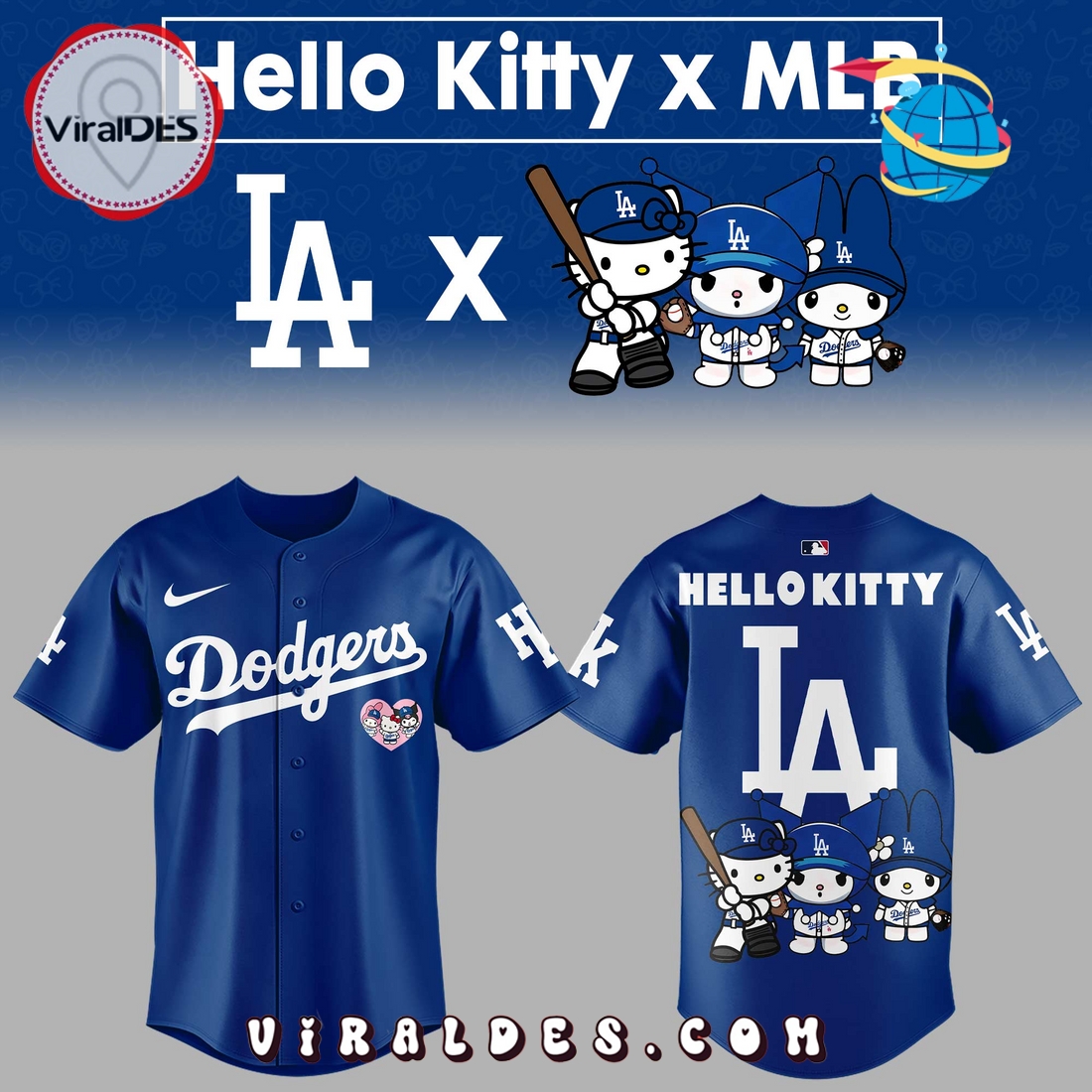 Dodgers MLB x Hello Kitty Blue Baseball Jersey Dodgers MLB x Hello Kitty Blue Baseball Jersey