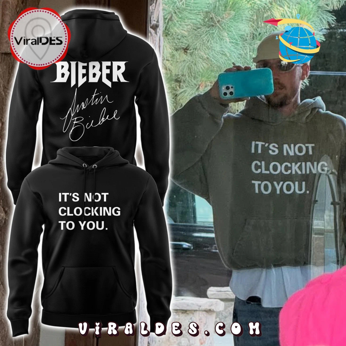 Justin Bieber Wears It’s Not Clocking To You Black Hoodie Justin Bieber Wears It’s Not Clocking To You Black Hoodie