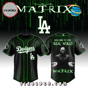 Dodgers baseball shirt with Matrix theme and Morpheus holding red and blue pills on the back.