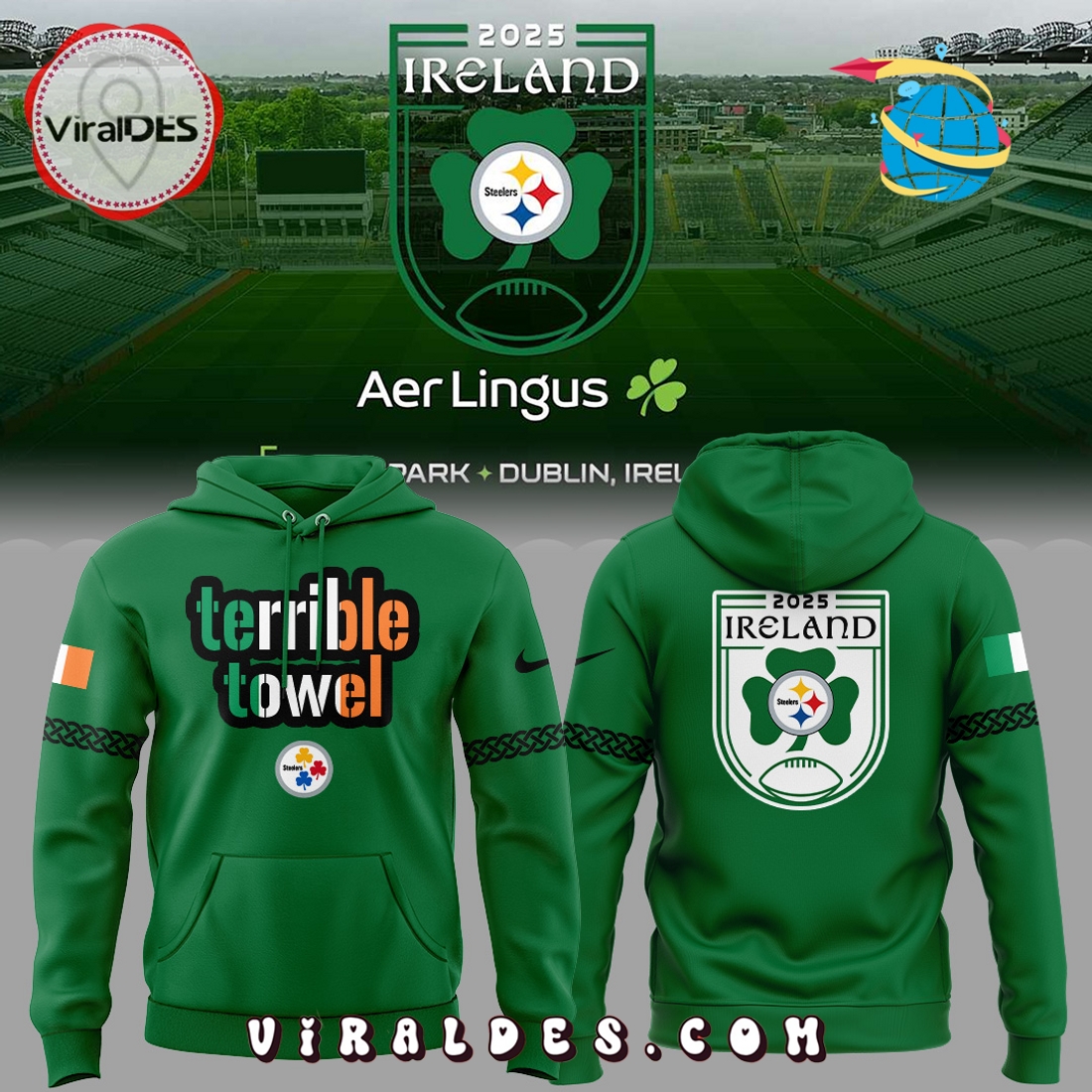 Pittsburgh Steelers Dublin Game 2025 Green Hoodie Pittsburgh Steelers Dublin Game 2025 Green Hoodie