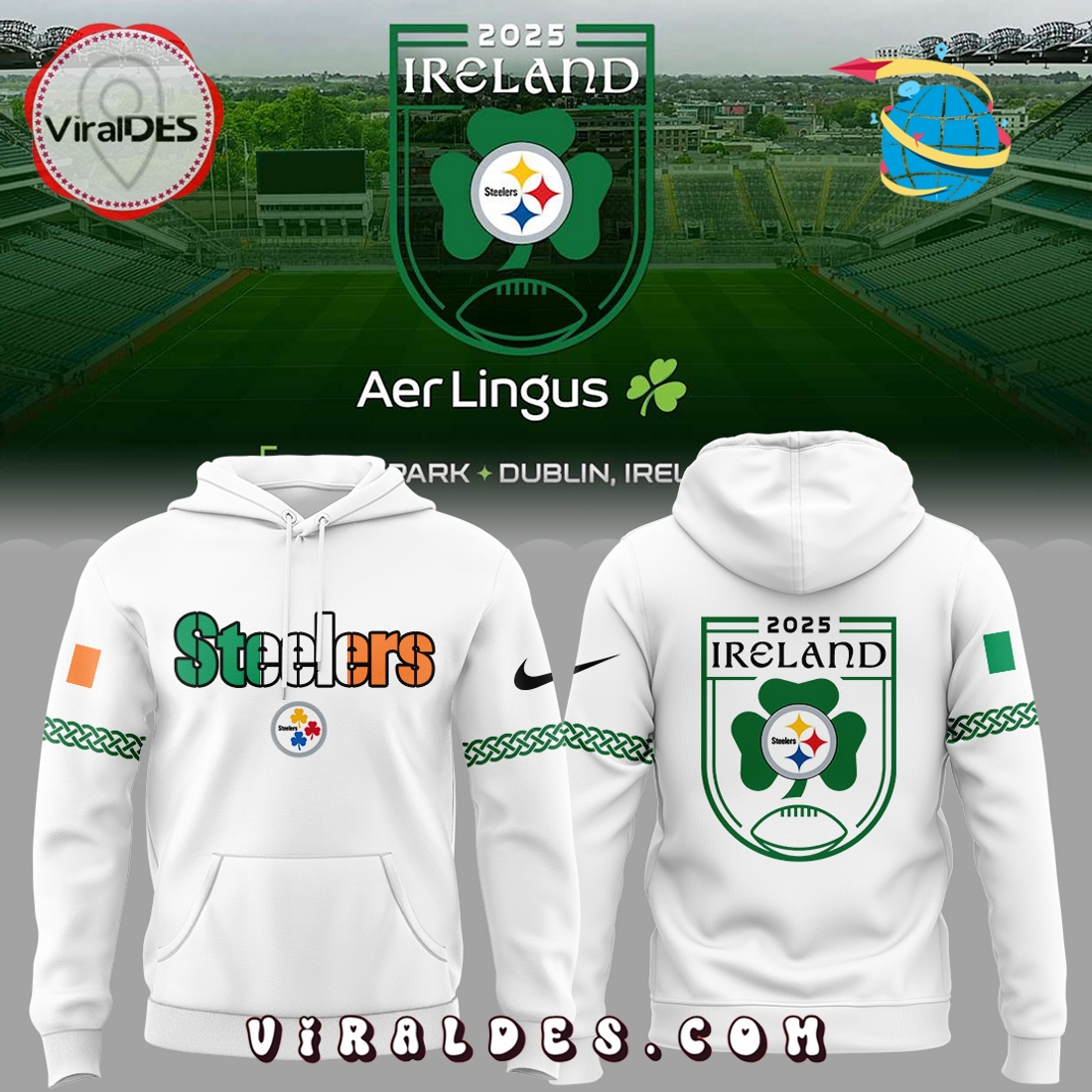 Pittsburgh Steelers Dublin Game 2025 White Hoodie, Long Pants Pittsburgh Steelers Dublin Game 2025 White Hoodie, Long Pants