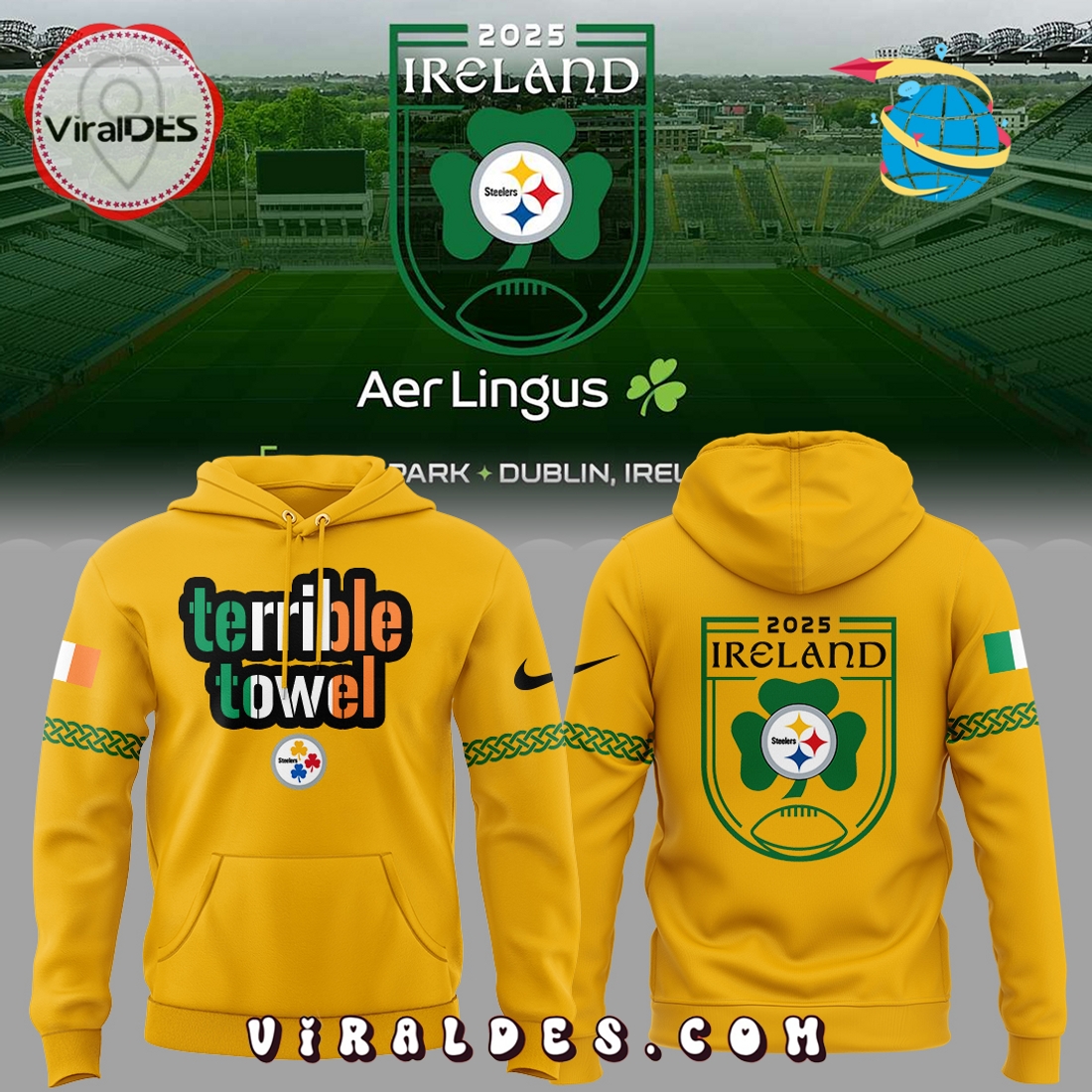 Pittsburgh Steelers Dublin Game 2025 Yellow Hoodie, Long Pants Pittsburgh Steelers Dublin Game 2025 Yellow Hoodie, Long Pants