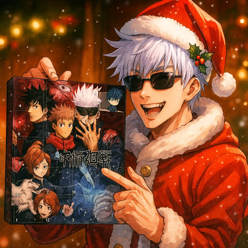 Character in Santa Claus outfit holding an advent calendar with characters from "Jujutsu Kaisen."