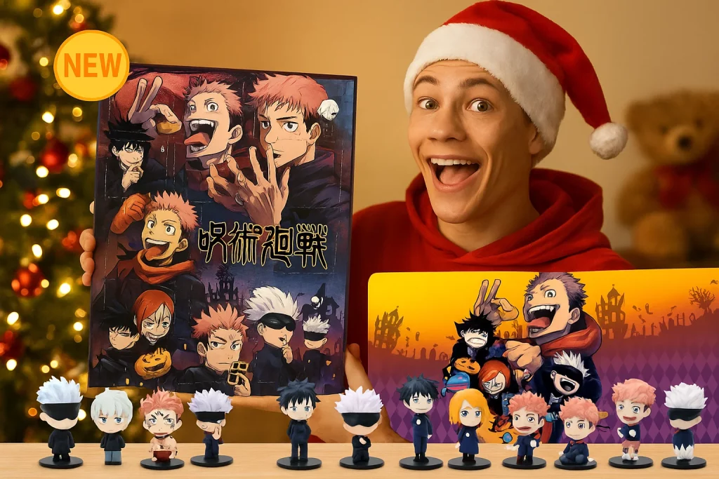 Limited Edition Jujutsu Kaisen Advent Calendar with collectible anime figures of Yuji, Megumi, and Gojo – Perfect holiday gift for fans.