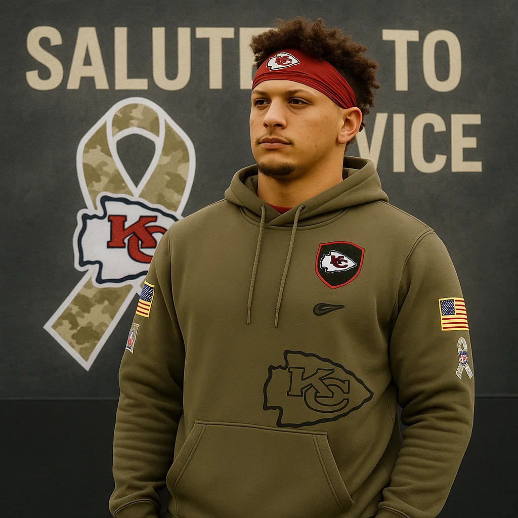 Front view of Kansas City Chiefs Salute To Service Limited Edition Shirt with KC crest on olive fabric