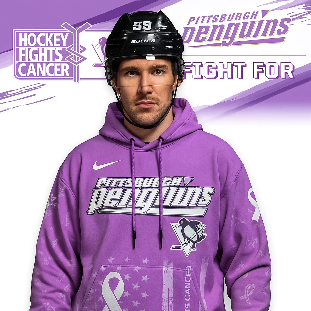 Pittsburgh Penguins Hockey Fights Cancer Purple Ribbon Hoodie Front View