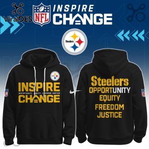 Black Steelers Inspire Change hoodie shown front and back with gold lettering and sleeve patches!