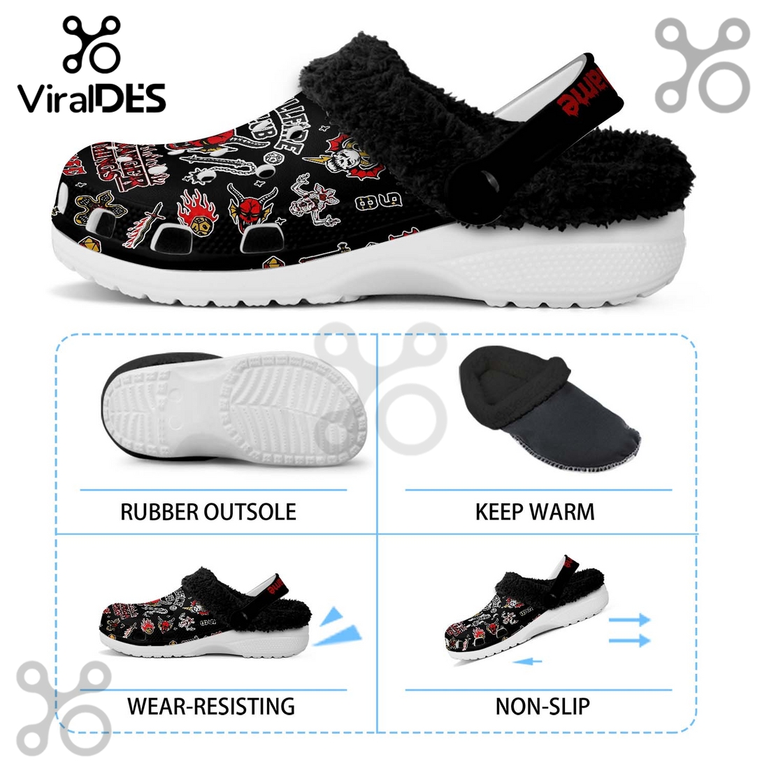 Stranger Things Custom Fleece Crocs Crocband Clogs - Black Stranger Things Custom Fleece Crocs Crocband Clogs - Black