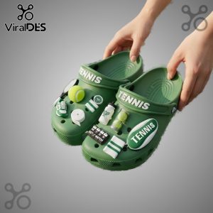Tennis Crocs with custom tennis ball and racket charms. Comfortable & stylish for tennis lovers!