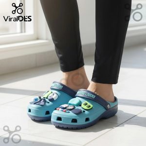 Swimming themed Crocs clogs with unique charms. Perfect for swim enthusiasts!