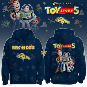 Toy Story 5 themed hoodie with Denver Broncos branding and Pixar characters in a vibrant layout!
