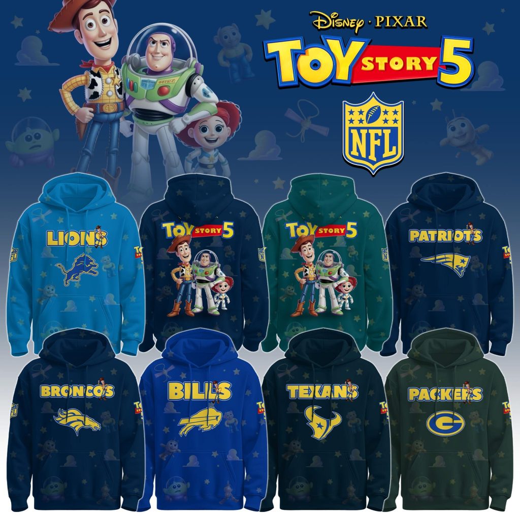 NFL Toy Story hoodie collection featuring multiple teams with Toy Story 5-inspired designs