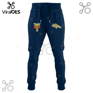 Blue athletic joggers combining Toy Story 5 visuals with Denver Broncos logos and a playful starry background!