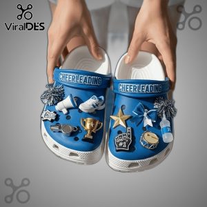 Cheerleading Crocs Clogs with cheer themed Jibbitz charms - perfect for cheer practice or showing team spirit!