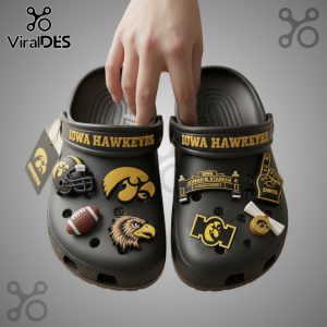 Iowa Hawkeyes Crocs with team logo and themed charms, perfect for game day!