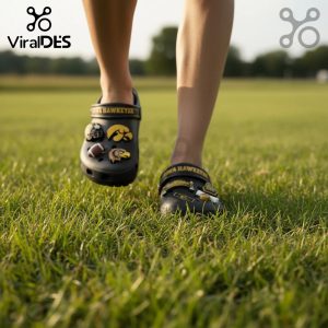 Iowa Hawkeyes Crocs with team-themed charms. Comfortable and stylish footwear for Hawkeyes fans.