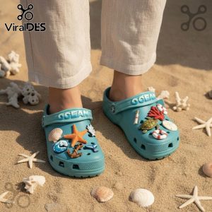 Ocean Premium Crocs Clogs with Charms - stylish, comfortable, ocean-themed footwear with unique decorative accents.