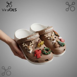 Reindeer Crocs Clogs with festive charms. Comfortable & stylish holiday footwear.
