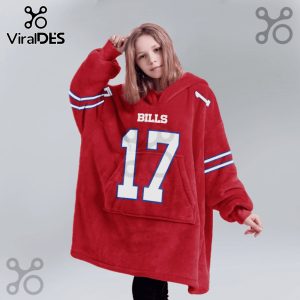 Red oversized hoodie with 'BILLS' and the number '17' in white, resembling a sports jersey design.!