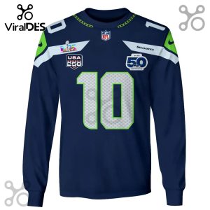 Long sleeve shirt featuring a Seattle Seahawks inspired design with the number 10, USA 250, and 50th anniversary logo.!
