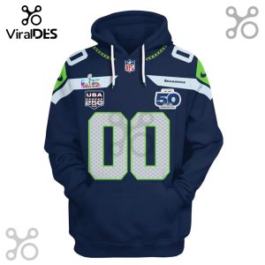 Blue hoodie with Seattle Seahawks design, jersey number 00, Super Bowl patch, and USA 250 logo.!