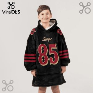 Boy in oversized black hoodie blanket with 'Faithful' text and the number 85 in a collegiate font.!