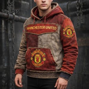 Manchester United themed hoodie. Features logo patches and text.!