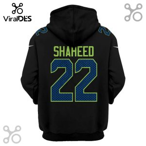 Back of black hoodie with 'Shaheed' and number '22' in green and blue pattern.!