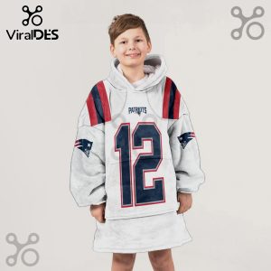 Boy wearing a Patriots-themed Snuggle Hoodie with number 12 on it.!